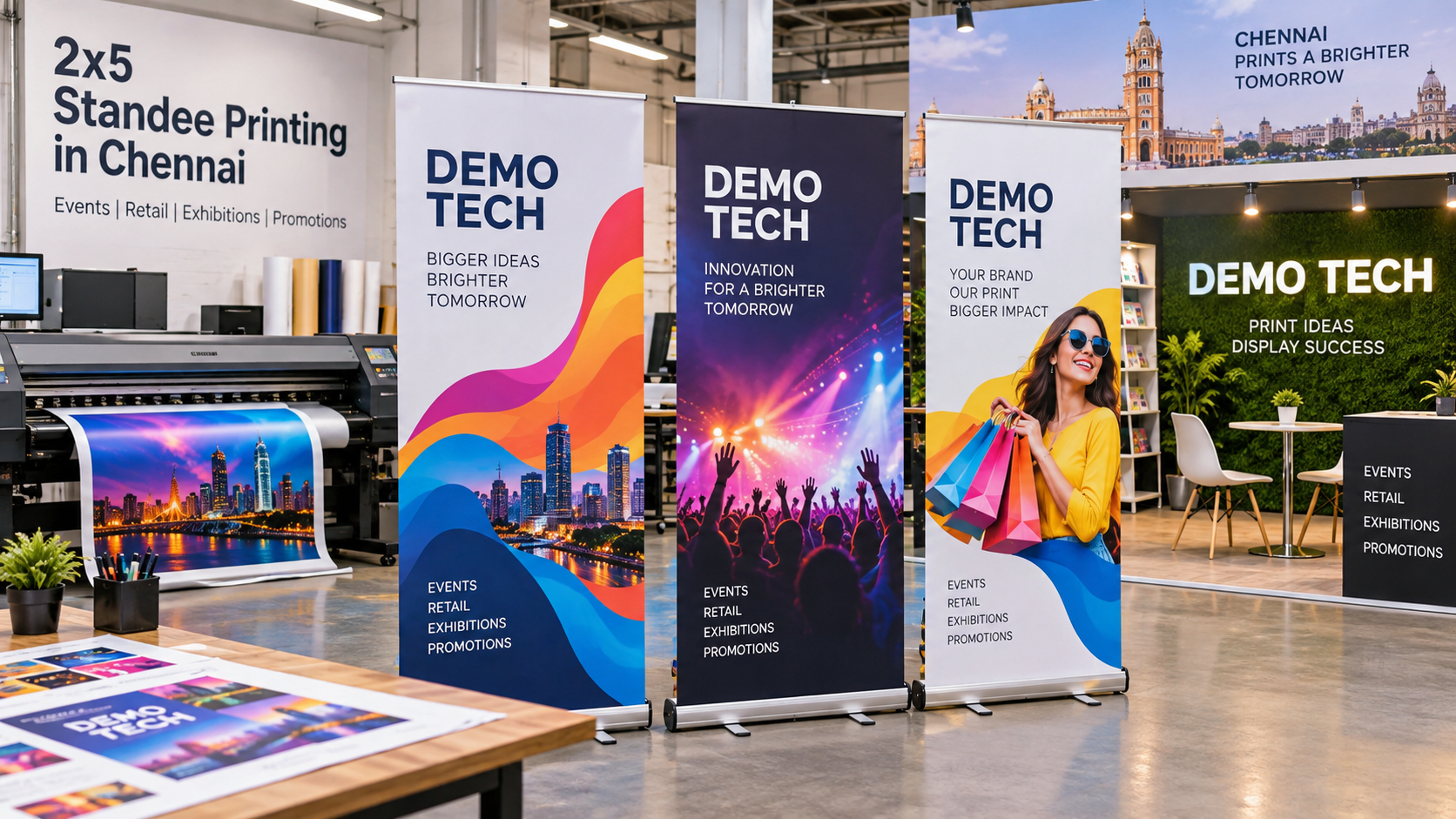 2x5 standee printing with Demo Tech roll up standees for events retail and exhibitions