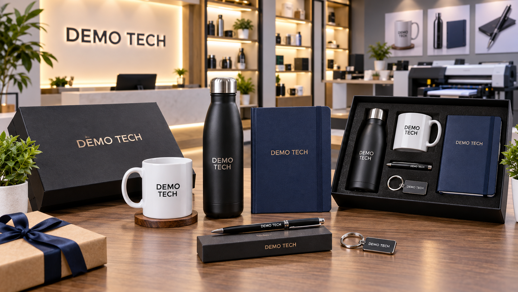 Corporate gifts providers in Chennai with Demo Tech branded mugs bottles notebooks pens and gift boxes