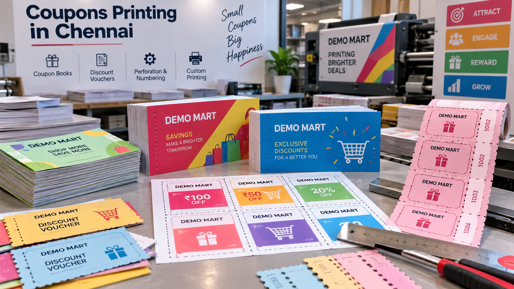 Coupons printing in Chennai with Demo Mart vouchers coupon books and perforated sheets