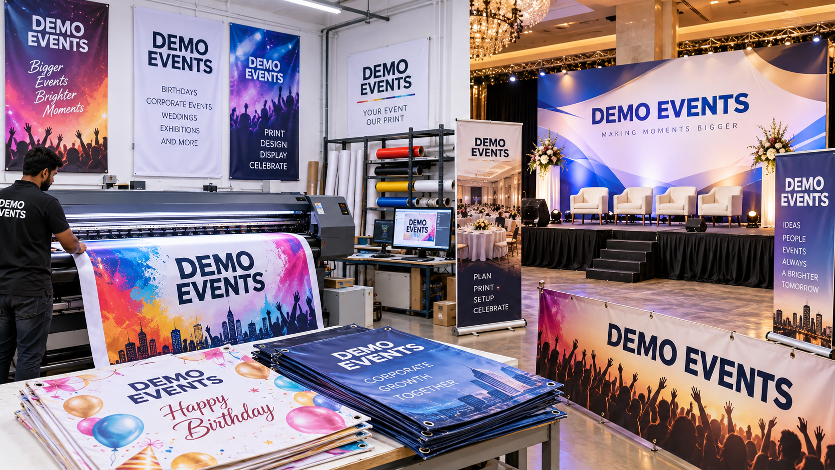 Event banners printing in Chennai with Demo Events stage backdrops and flex banners