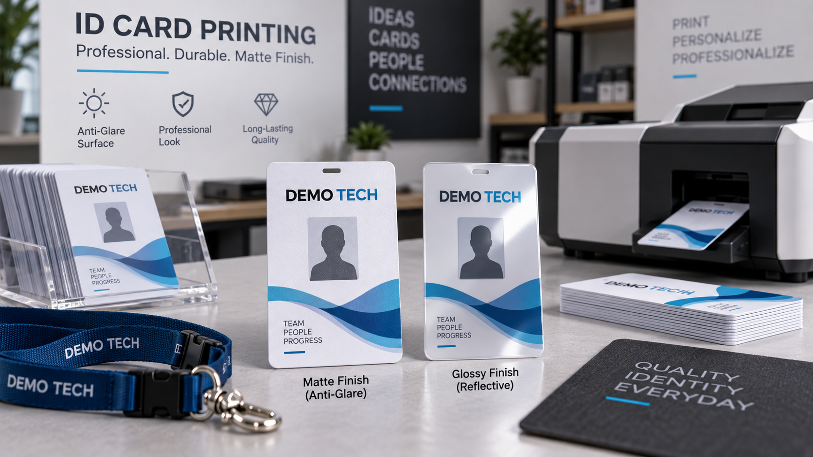 Matt finish ID card printing with Demo Tech anti-glare matte ID card samples