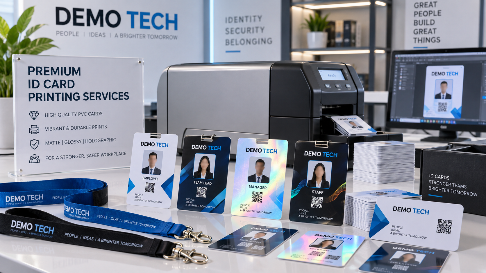 Premium ID card printing with Demo Tech ID cards lanyards and holographic finish samples