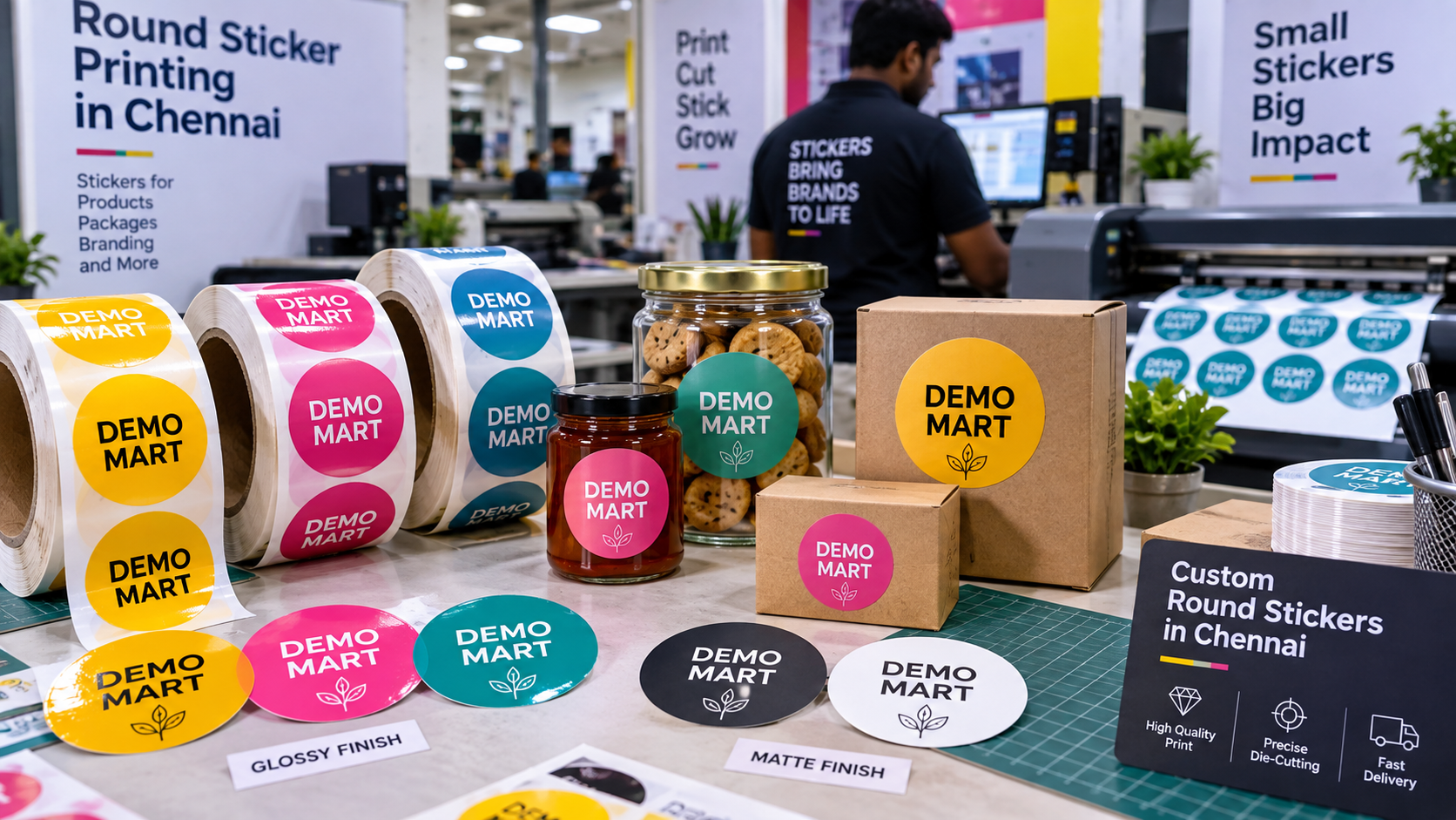 Round sticker printing in Chennai with Demo Mart product labels and circular sticker rolls