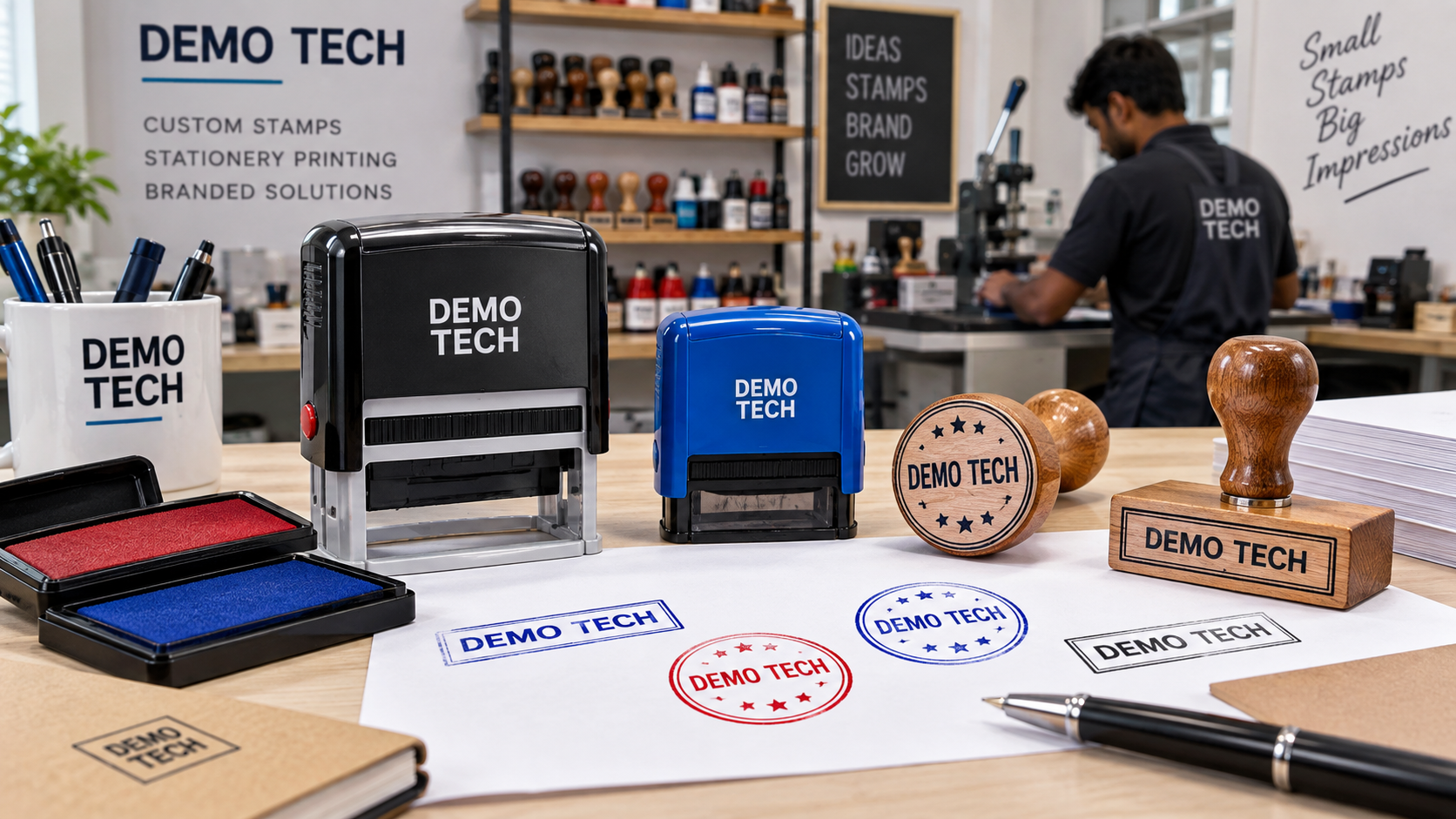 Rubber stamp printing in Chennai with Demo Tech self inking stamps and round seals