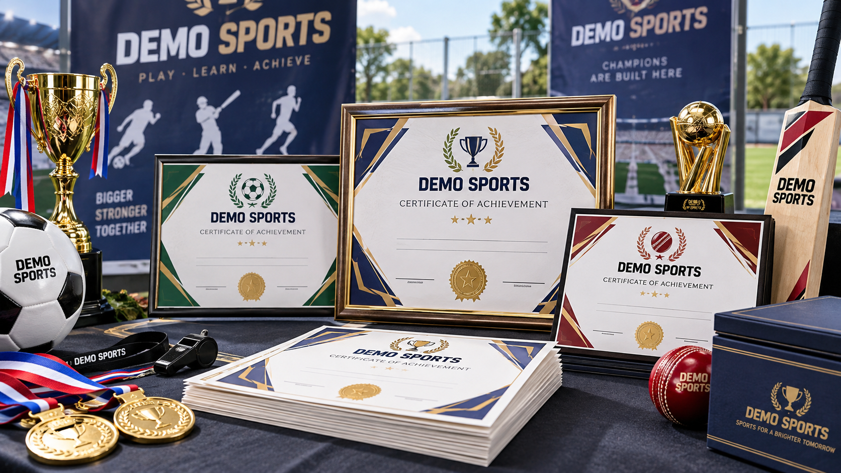 Sports certificate printing with Demo Sports medals trophies and achievement certificates