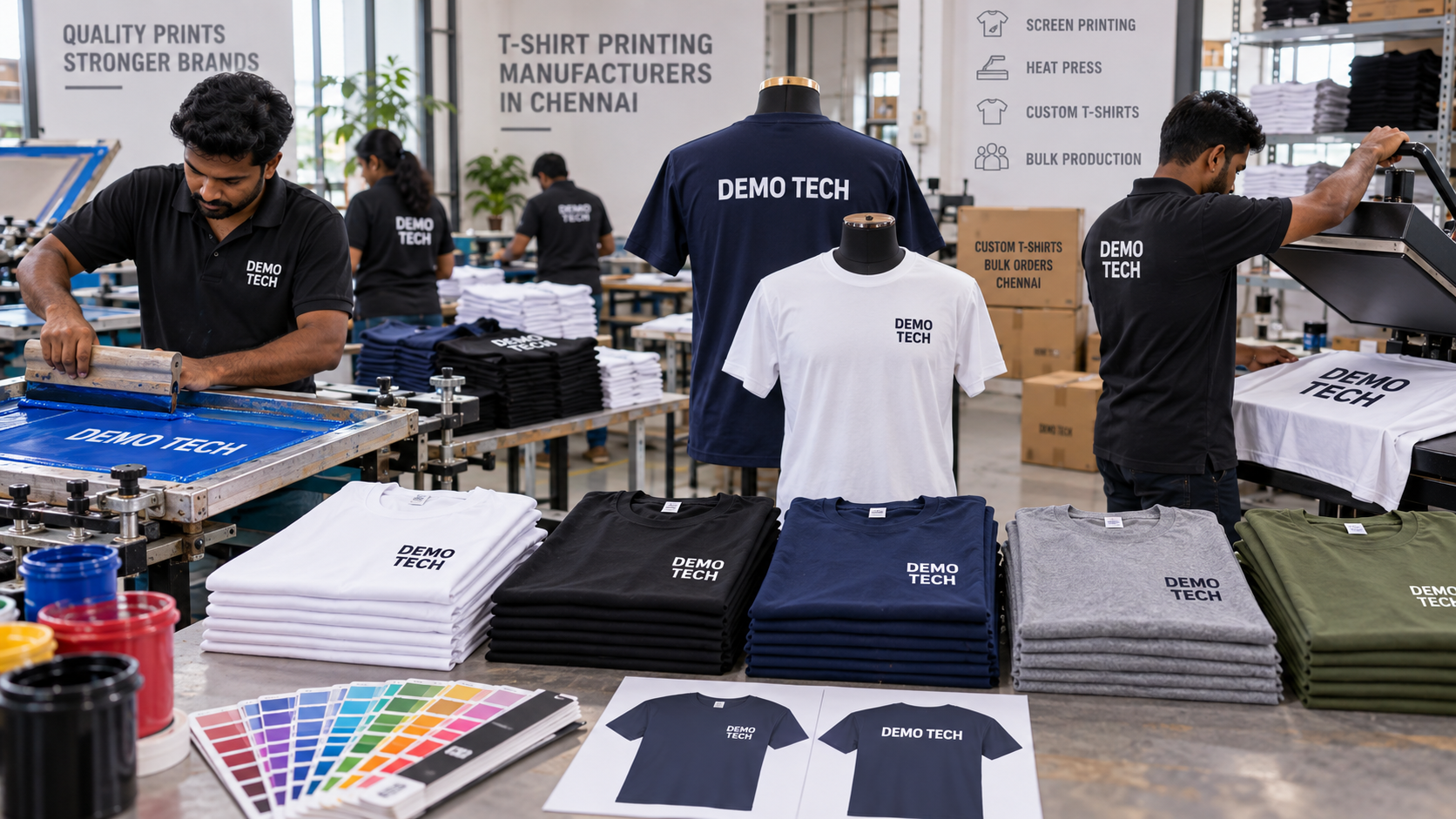 Tshirt printing manufacturers in Chennai with Demo Tech bulk custom t-shirt production
